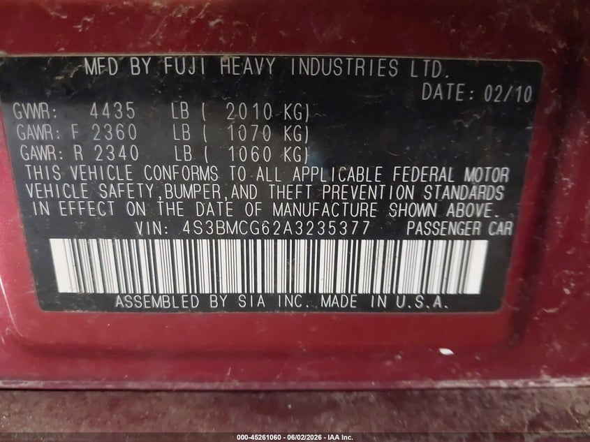 2010 Subaru Legacy 2.5I Premium VIN: 4S3BMCG62A3235377 Lot: 45261060