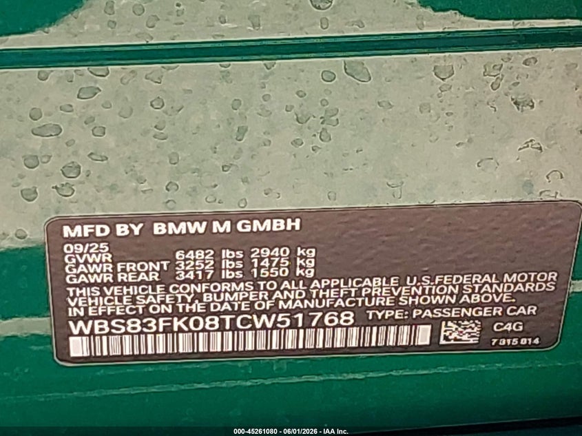2026 BMW M5 VIN: WBS83FK08TCW51768 Lot: 45261080