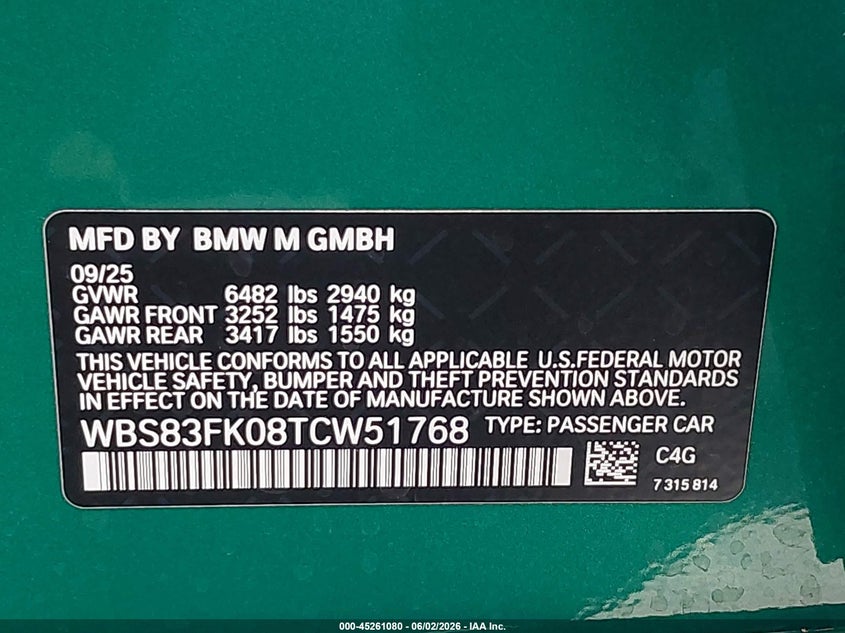 2026 BMW M5 VIN: WBS83FK08TCW51768 Lot: 45261080