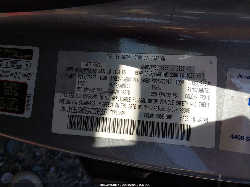 2010 Mazda Cx-7 I Sport VIN: JM3ER2W59A0338337 Lot: 45261097