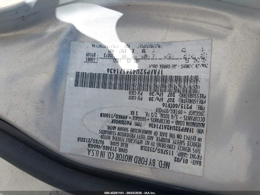 2002 Ford Taurus Lx VIN: 1FAFP52U42A171436 Lot: 45261101