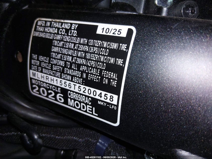 2026 Honda Cbr650 R VIN: MLHRH1556T5200458 Lot: 45261102
