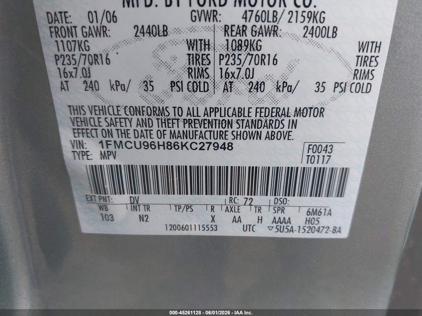 2006 Ford Escape Hybrid VIN: 1FMCU96H86KC27948 Lot: 45261128
