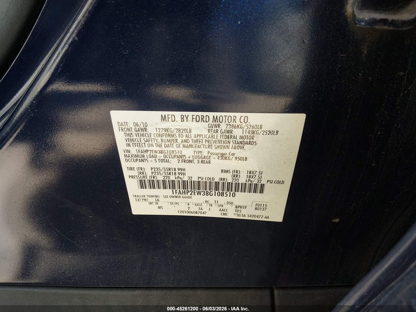 2011 Ford Taurus Sel VIN: 1FAHP2EW3BG108510 Lot: 45261200
