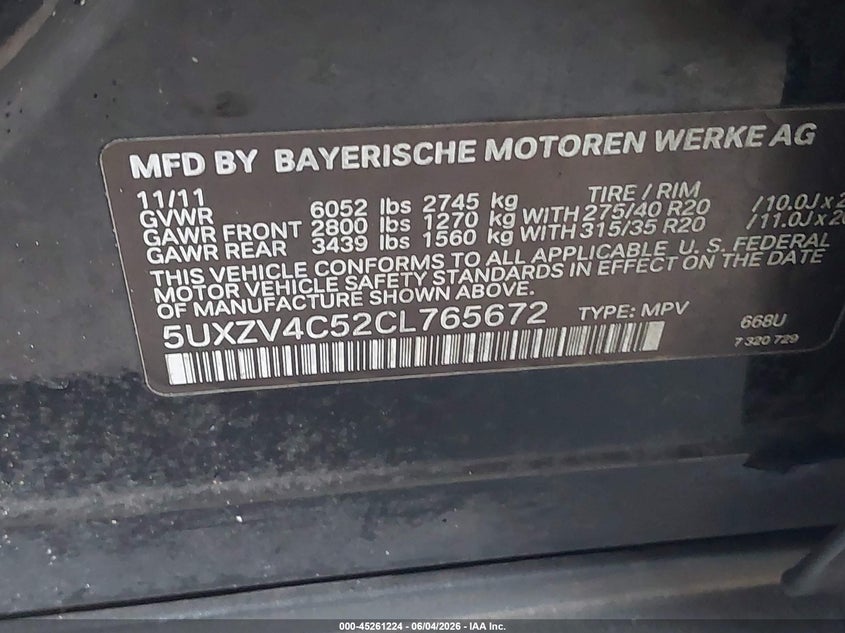 2012 BMW X5 xDrive35I/xDrive35I Premium/xDrive35I Sport Activity VIN: 5UXZV4C52CL765672 Lot: 45261224