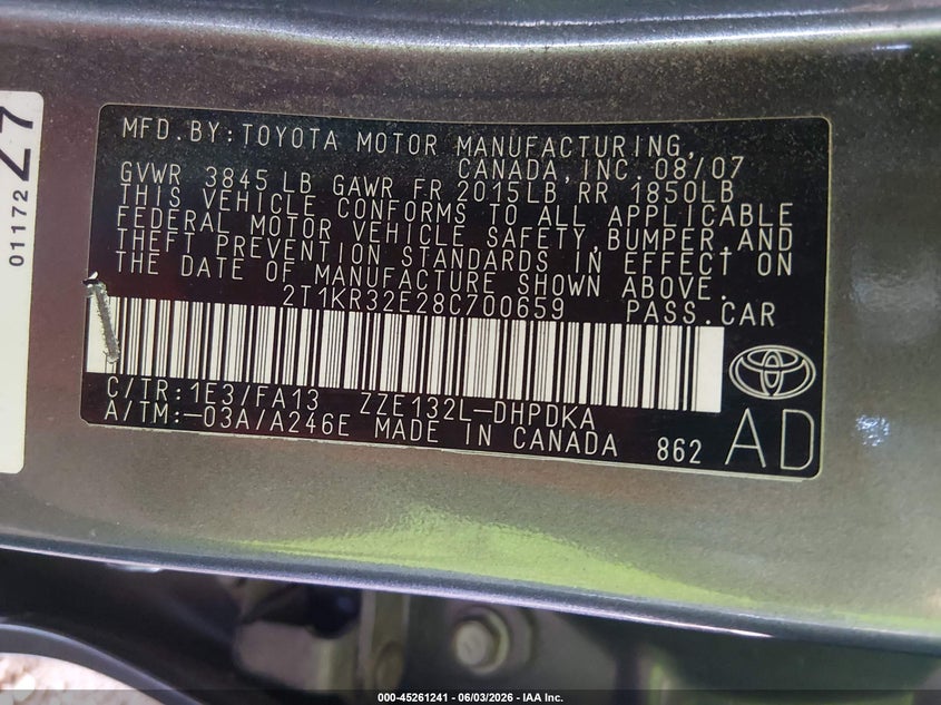2008 Toyota Matrix VIN: 2T1KR32E28C700659 Lot: 45261241