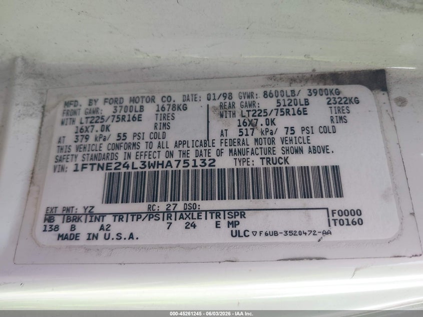 1998 Ford Econoline Commercial/Recreational VIN: 1FTNE24L3WHA75132 Lot: 45261245