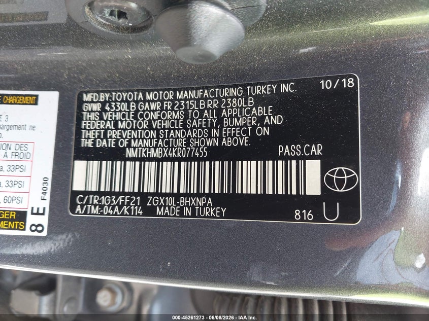 2019 Toyota C-Hr Xle VIN: NMTKHMBX4KR077455 Lot: 45261273