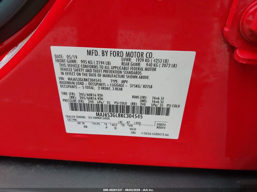 2019 Ford Ecosport Se VIN: MAJ6S3GL8KC304545 Lot: 45261337