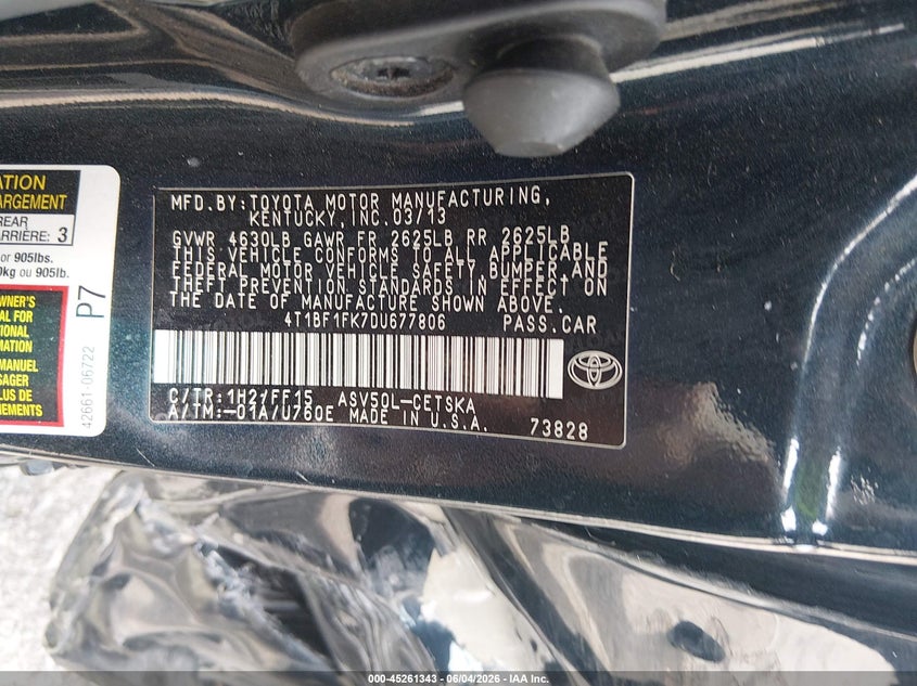 2013 Toyota Camry Se VIN: 4T1BF1FK7DU677806 Lot: 45261343