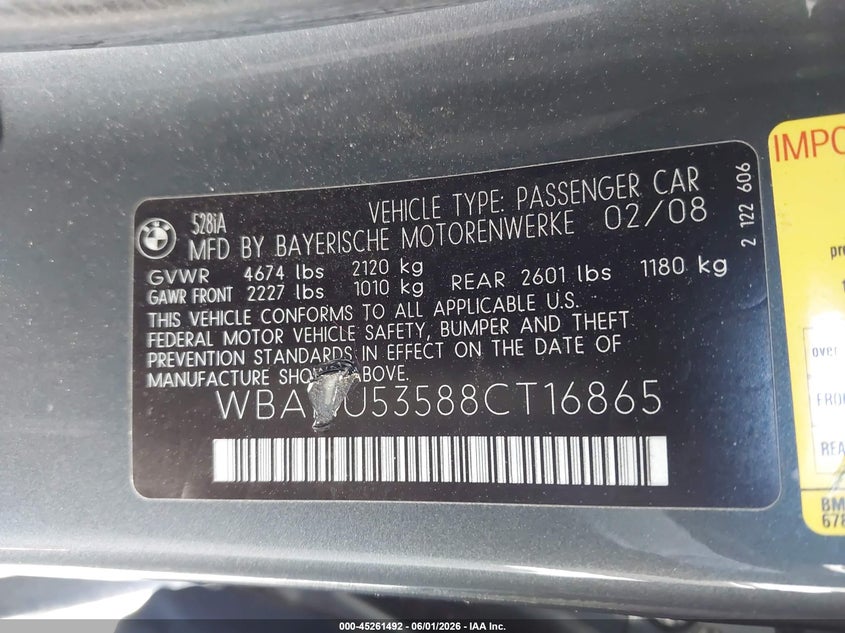 2008 BMW 528I VIN: WBANU53588CT16865 Lot: 45261492