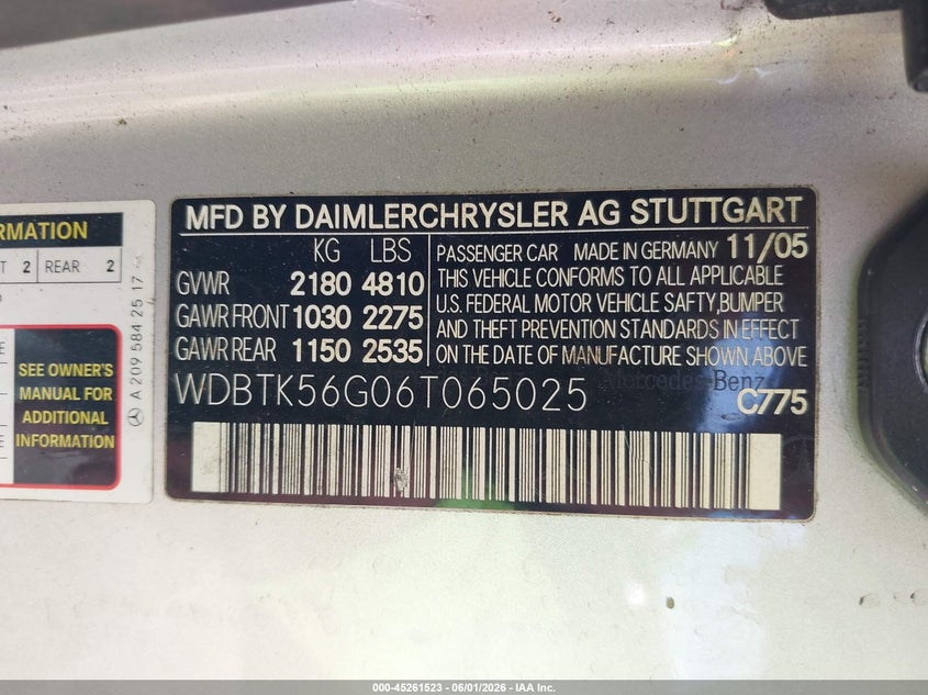 2006 Mercedes-Benz Clk 350 VIN: WDBTK56G06T065025 Lot: 45261523