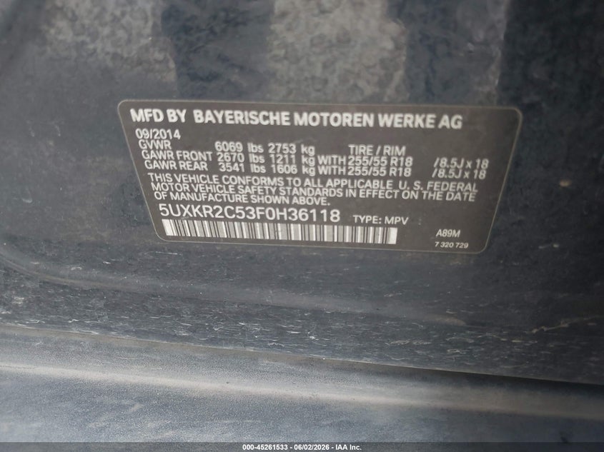 2015 BMW X5 Sdrive35I VIN: 5UXKR2C53F0H36118 Lot: 45261533