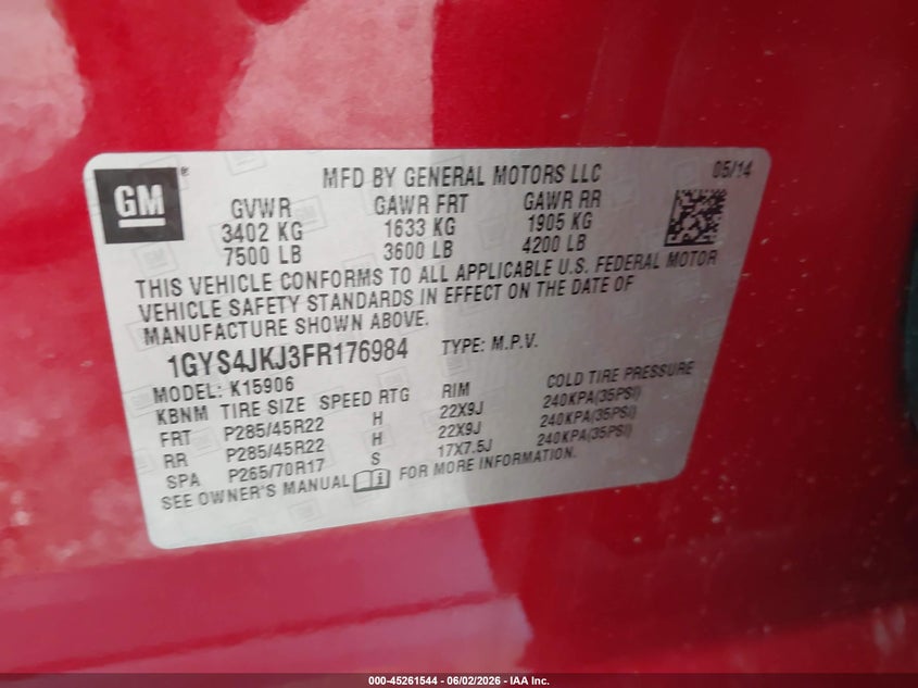 2015 Cadillac Escalade Esv Premium VIN: 1GYS4JKJ3FR176984 Lot: 45261544