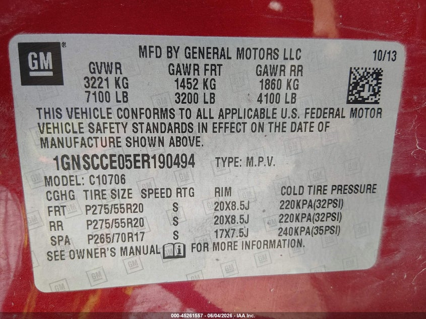 2014 Chevrolet Tahoe Ltz VIN: 1GNSCCE05ER190494 Lot: 45261557