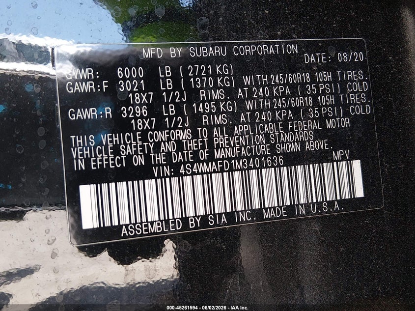 2021 Subaru Ascent Premium VIN: 4S4WMAFD1M3401636 Lot: 45261594