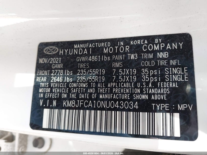 2022 Hyundai Tucson Hybrid Sel Convenience VIN: KM8JFCA10NU043034 Lot: 45261604