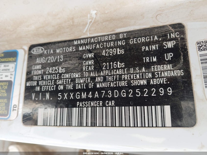 2013 Kia Optima Lx VIN: 5XXGM4A73DG252299 Lot: 45261656