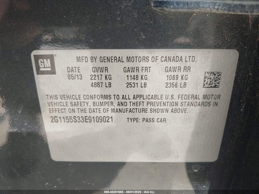 2014 Chevrolet Impala 2Lz VIN: 2G1155S33E9109021 Lot: 45261665
