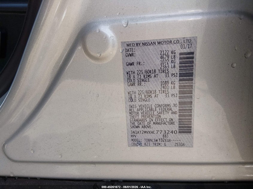 VIN: 5N1AT2MVXHC773240 2017 NISSAN ROGUE SL