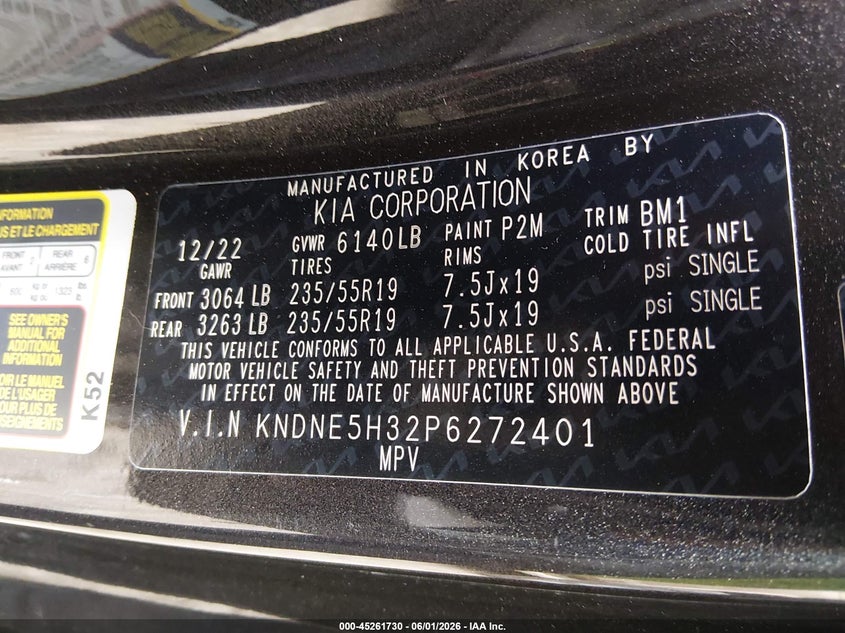 2023 Kia Carnival Mpv Sx VIN: KNDNE5H32P6272401 Lot: 45261730