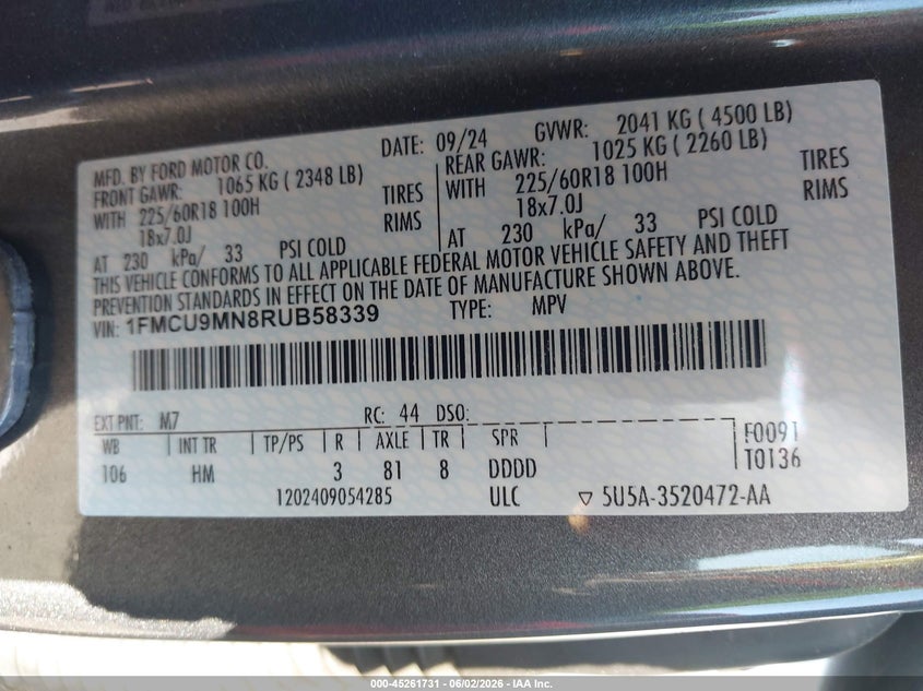 VIN: 1FMCU9MN8RUB58339 2024 FORD ESCAPE ST-LINE