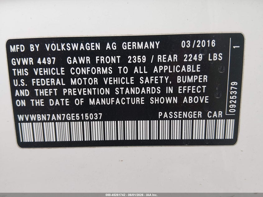 2016 Volkswagen Cc 2.0T R-Line/2.0T Sport/2.0T Trend VIN: WVWBN7AN7GE515037 Lot: 45261742