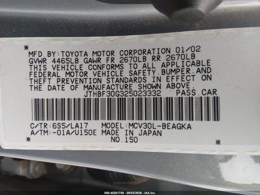2002 Lexus Es 300 VIN: JTHBF30G325023332 Lot: 45261756