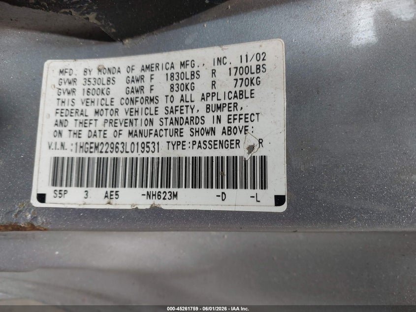 2003 Honda Civic Ex VIN: 1HGEM22963L019531 Lot: 45261759