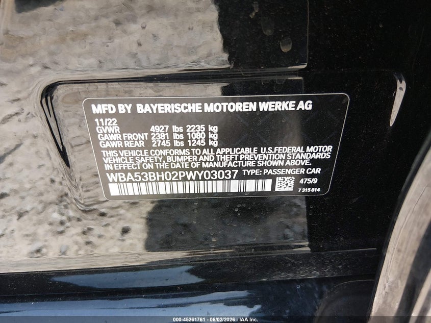2023 BMW 530 I VIN: WBA53BH02PWY03037 Lot: 45261761