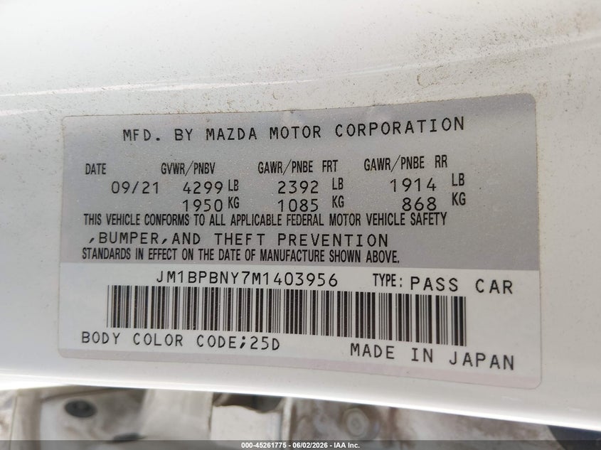2021 Mazda Mazda3 2.5 Turbo Premium Plus VIN: JM1BPBNY7M1403956 Lot: 45261775