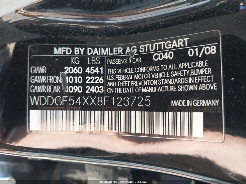 2008 Mercedes-Benz C 300 Luxury/Sport VIN: WDDGF54XX8F123725 Lot: 45261789