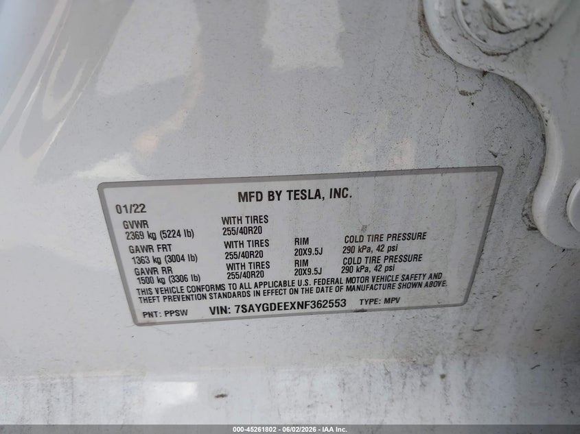 2022 Tesla Model Y Long Range Dual Motor All-Wheel Drive VIN: 7SAYGDEEXNF362553 Lot: 45261802