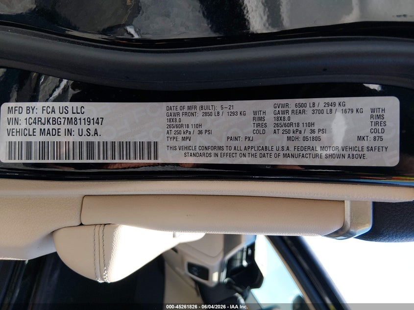 2021 Jeep Grand Cherokee L Limited 4X4 VIN: 1C4RJKBG7M8119147 Lot: 45261826