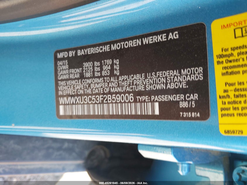 2015 Mini Hardtop Cooper S VIN: WMWXU3C53F2B59006 Lot: 45261845