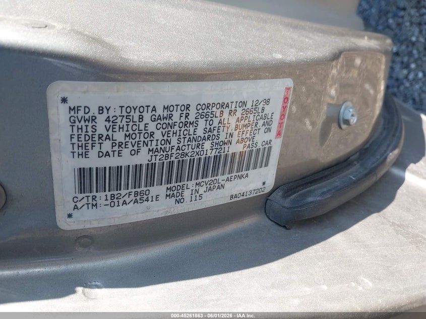 1999 Toyota Camry Le V6 VIN: JT2BF28K2X0177211 Lot: 45261863