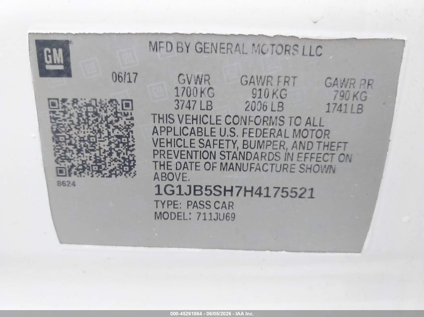 2017 Chevrolet Sonic Ls Auto VIN: 1G1JB5SH7H4175521 Lot: 45261864