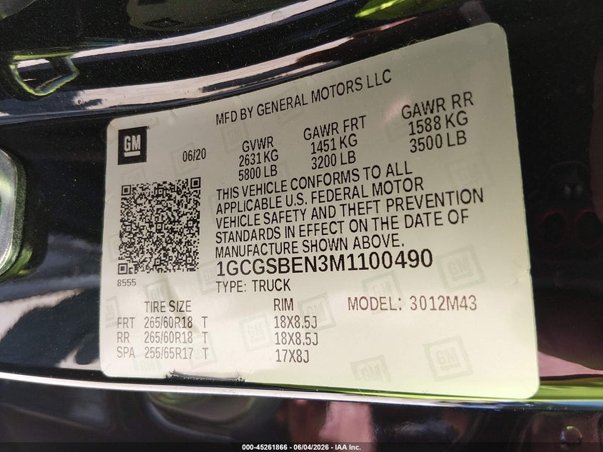 2021 Chevrolet Colorado 2Wd Short Box Wt VIN: 1GCGSBEN3M1100490 Lot: 45261866