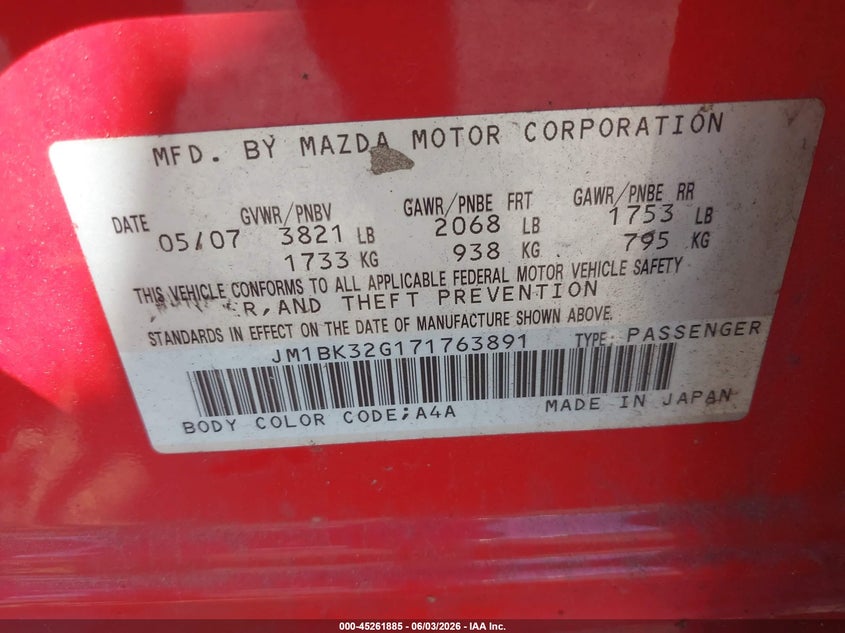 2007 Mazda Mazda3 I VIN: JM1BK32G171763891 Lot: 45261885