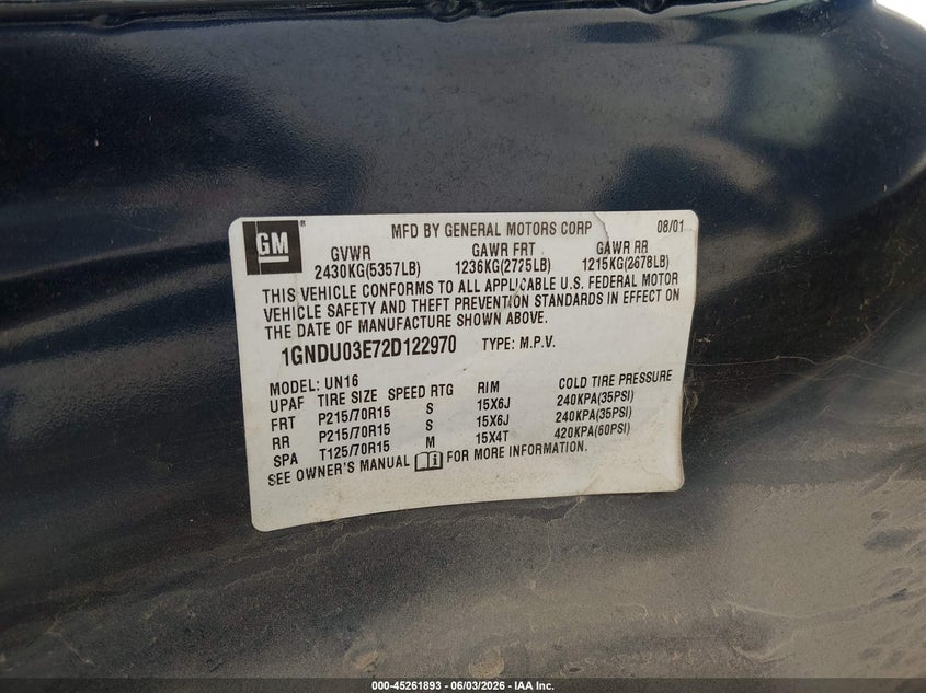 2002 Chevrolet Venture Plus VIN: 1GNDU03E72D122970 Lot: 45261893