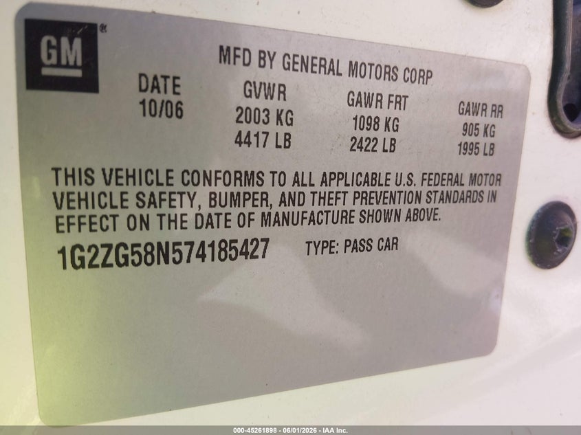 2007 Pontiac G6 VIN: 1G2ZG58N574185427 Lot: 45261898
