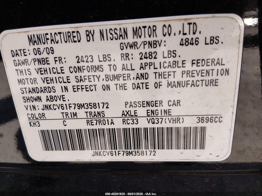 2009 Infiniti G37X VIN: JNKCV61F79M358172 Lot: 45261925