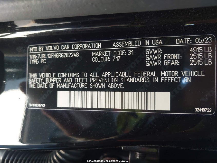 2024 Volvo S60 B5 Plus Black Edition VIN: 7JRL12FH6RG282248 Lot: 45261940
