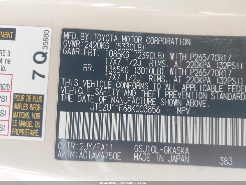 2008 Toyota Fj Cruiser VIN: JTEZU11F68K003856 Lot: 45261946