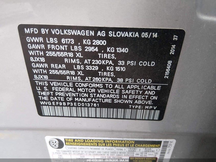 2014 Volkswagen Touareg 3.6L Sport VIN: WVGEF9BP3ED013761 Lot: 45261963
