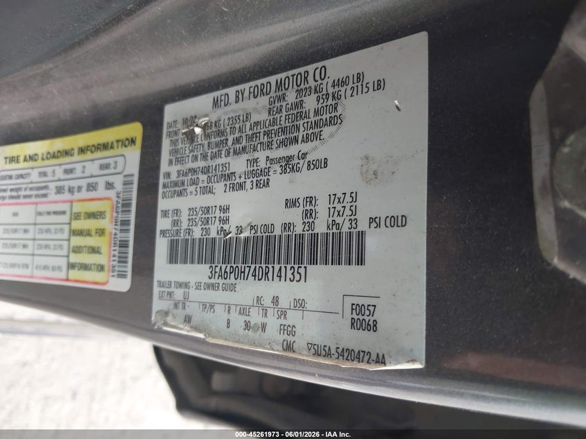 2013 FORD FUSION SEDAN 2.5L I-4 DOHC, VVT, 175HP