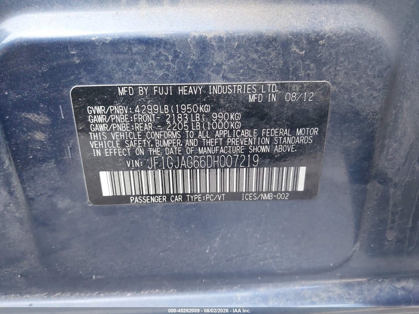 2013 Subaru Impreza 2.0I Limited VIN: JF1GJAG66DH007219 Lot: 45262009