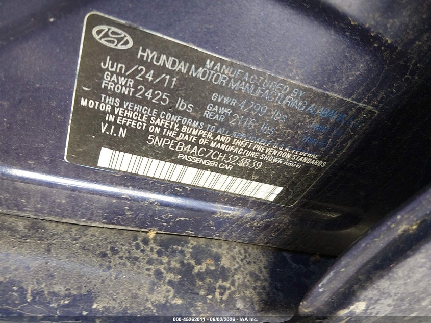 5NPEB4AC7CH323839 2012 Hyundai Sonata 2.4 Gls blue