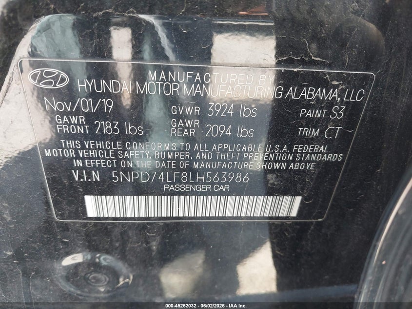 VIN 5NPD74LF8LH563986 2020 HYUNDAI ELANTRA SE