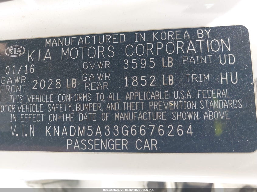 2016 Kia Rio Lx VIN: KNADM5A33G6676264 Lot: 45262072